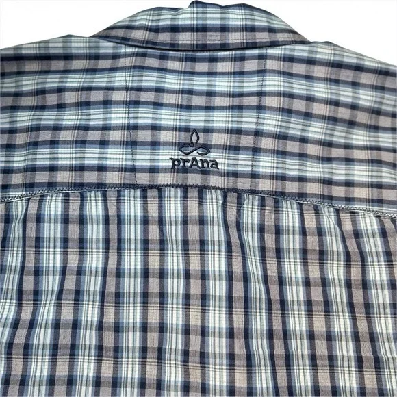 prAna Casual Short Sleeve Button Down Shirt Men's L Plaid Organic Cotton Blend - Picture 5 of 11